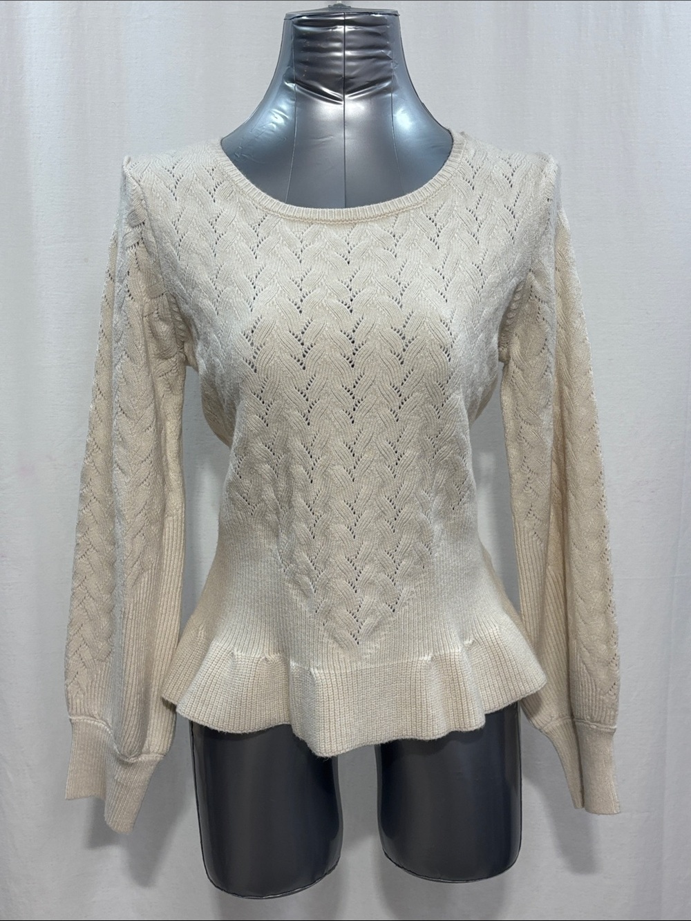 Cyrus Cream Knit Crewneck Sweater w/ruffle hem trendy work school soft stretch